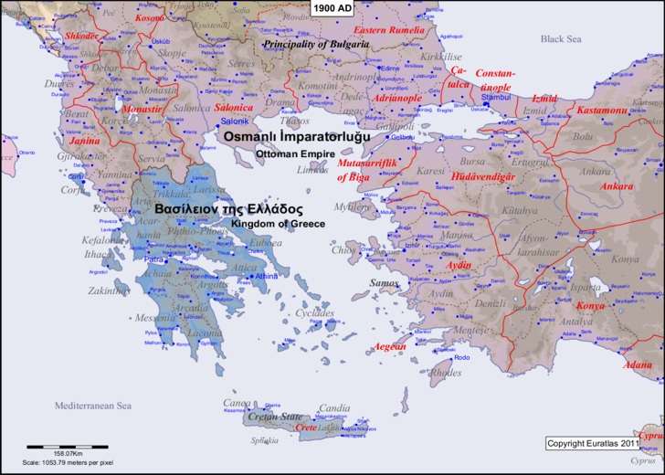 Map of the Aegean area in the year 1900