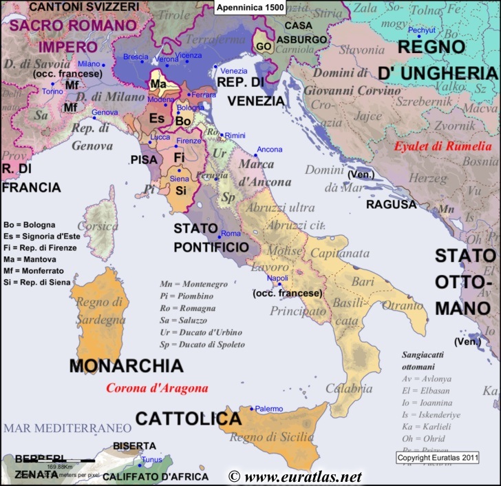 Map of the Apennine Peninsula in the year 1500