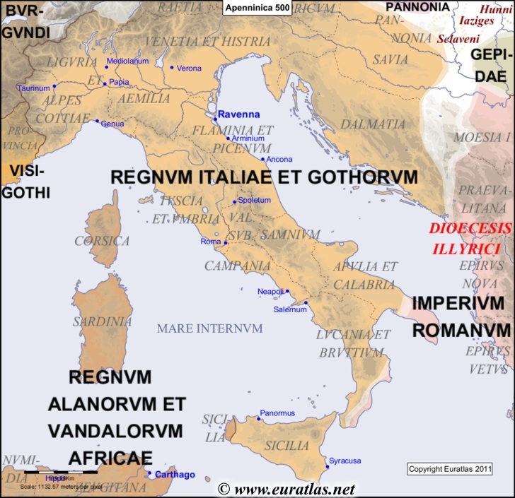 Carte de la péninsule apennine en l'an 500