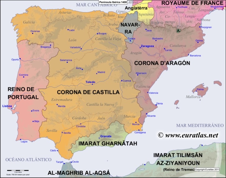 Map of the Iberian Peninsula in the year 1400