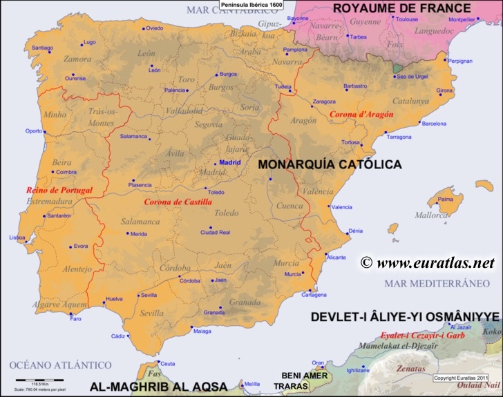 Map of the Iberian Peninsula in the year 1600