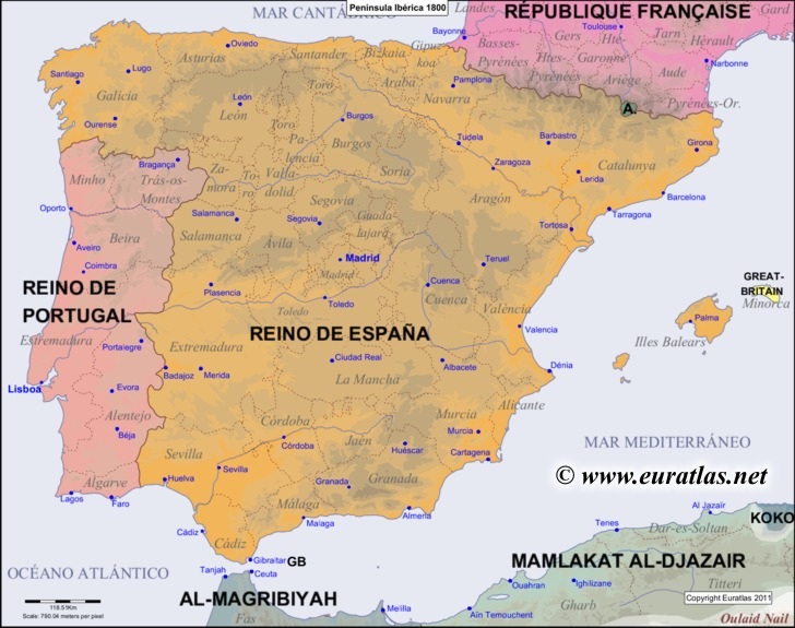 Map of the Iberian Peninsula in the year 1800