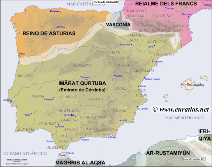 Map of the Iberian Peninsula in the year 800