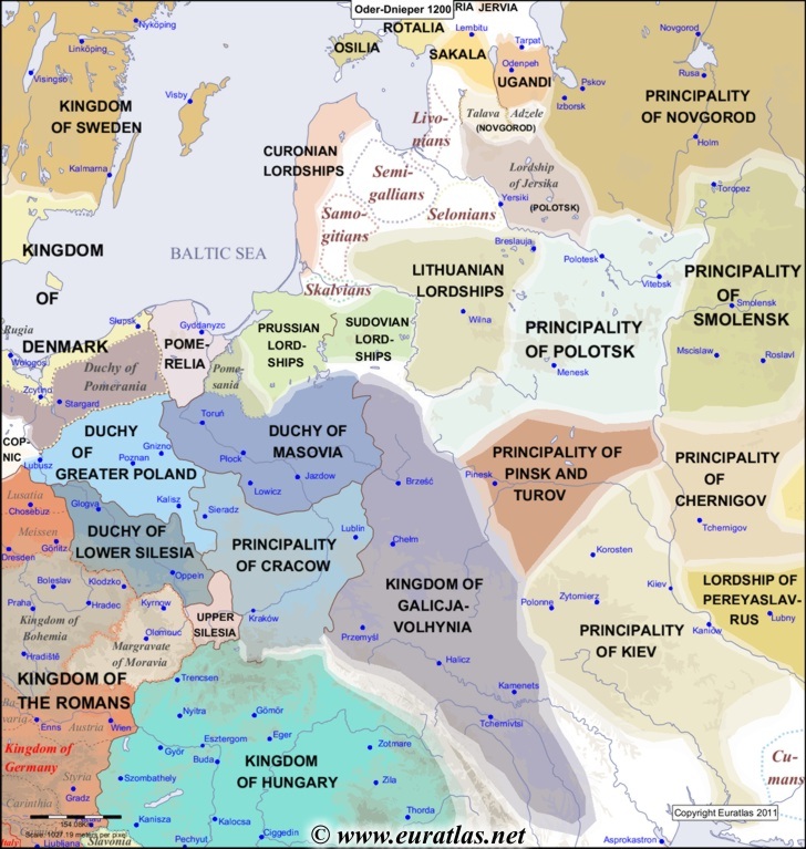 Karte des Landes zwischen Oder und Dnepr im Jahr 1200