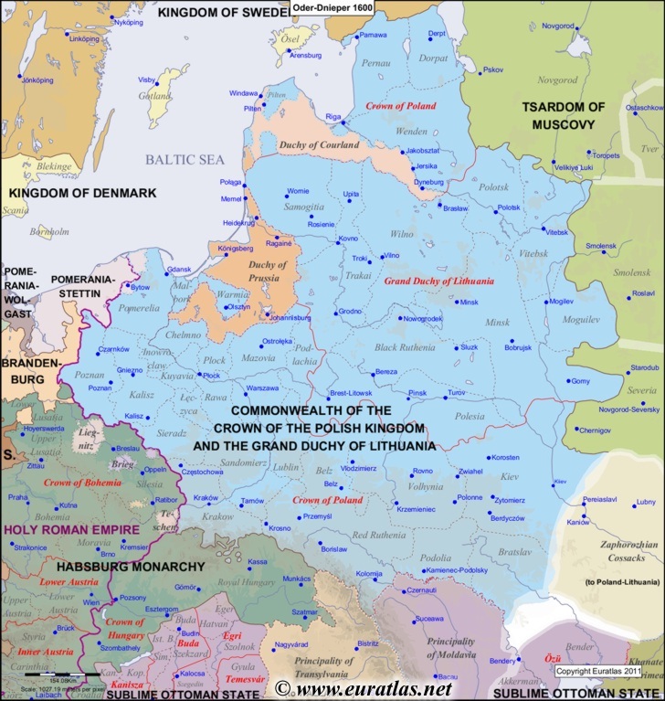Carte de l'aire Oder-Dniepr en l'an 1600