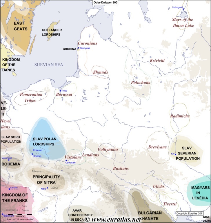 Karte des Landes zwischen Oder und Dnepr im Jahr 800