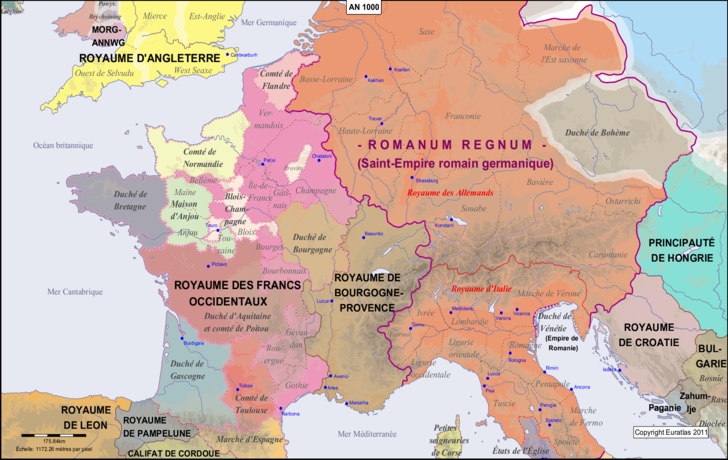 Carte de l'aire entre Pyrénées et Rhin en l'an 1000