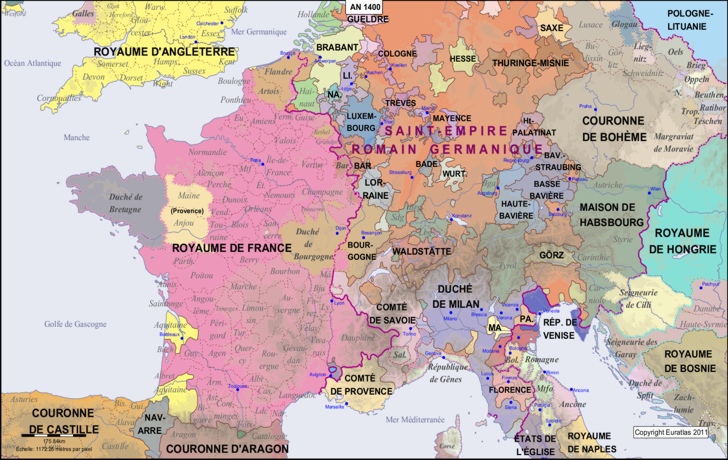 Carte de l'aire entre Pyrénées et Rhin en l'an 1400