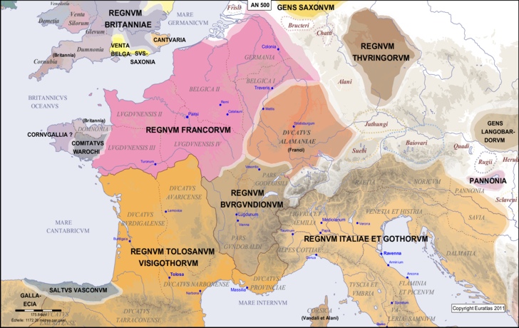 Karte des Landes zwischen Pyrenäen und Rhein im Jahr 500